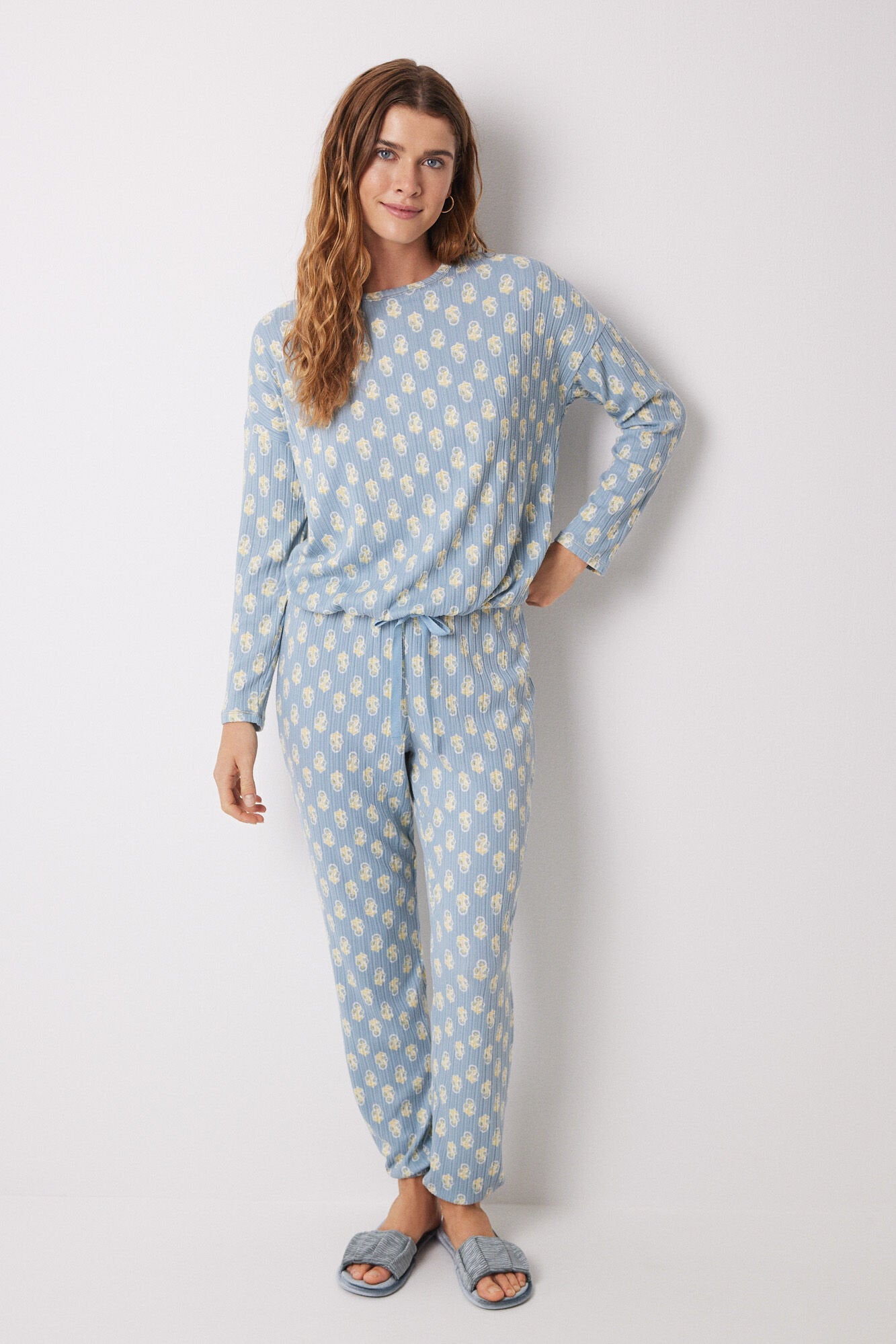 Long Soft Touch Ribbed Floral Pajamas_02