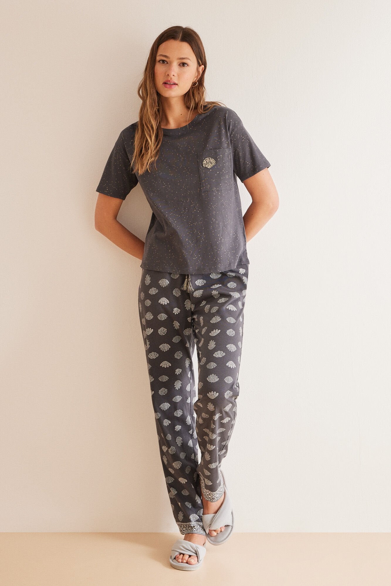 Long 100% Cotton Grey Shell Pajamas_03