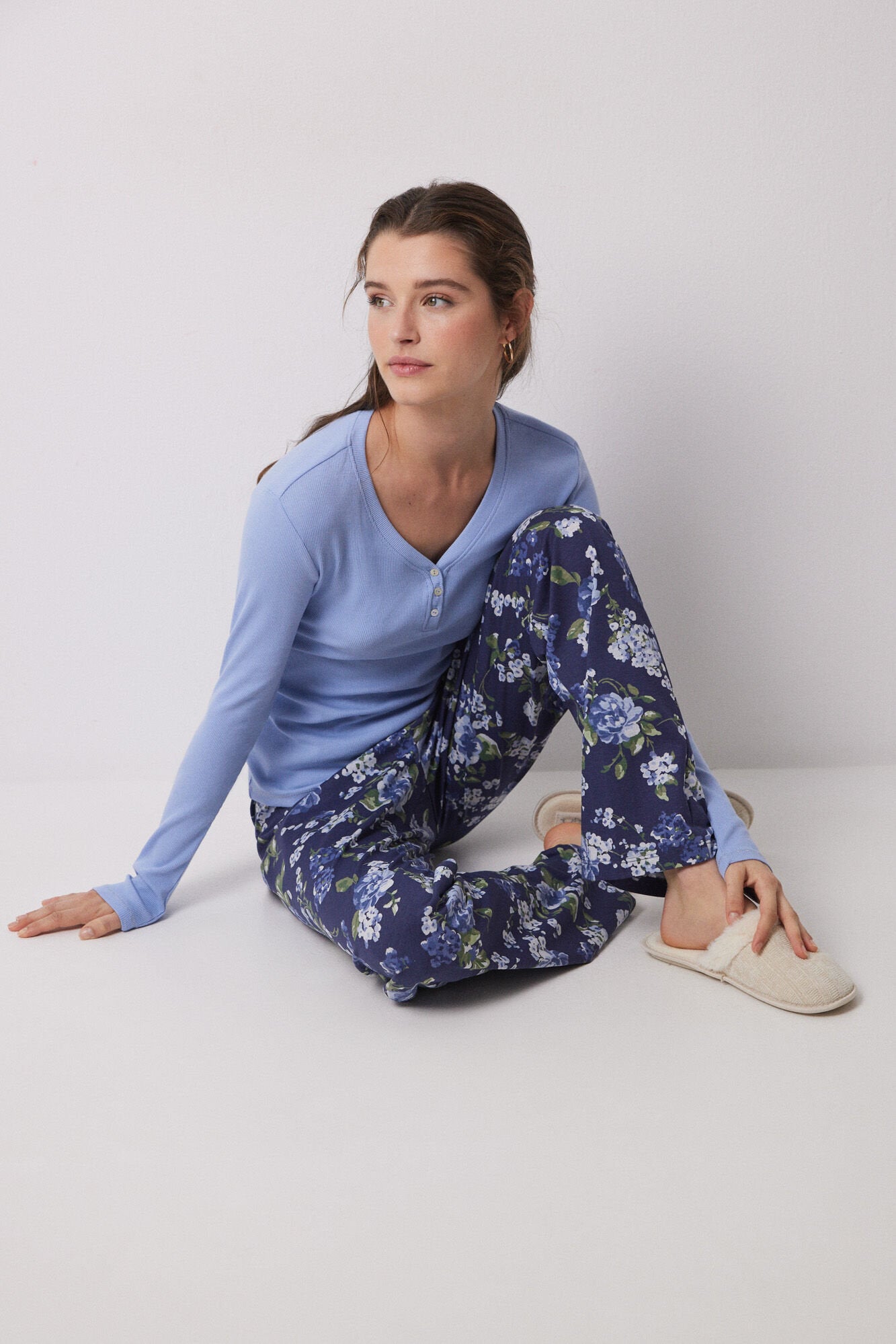 Women Secret_Lake Pajamas 100% Cotton Ribbed Blue Flowers_3599149_14_01