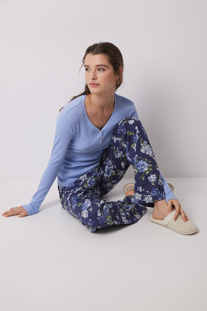 Women Secret_Lake Pajamas 100% Cotton Ribbed Blue Flowers_3599149_14_01