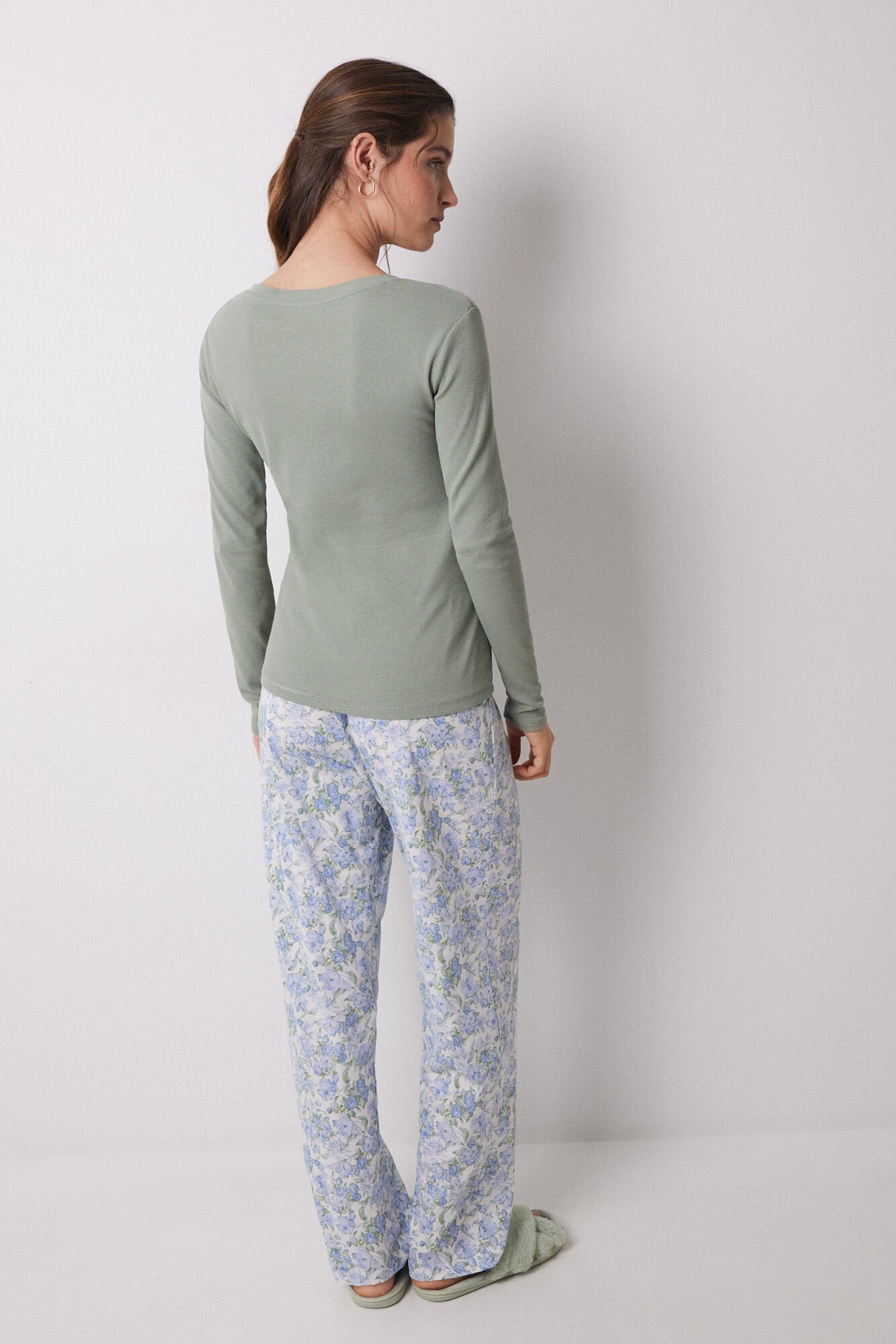 Women Secret_Lake Pajamas 100% Cotton Ribbed Green Flowers_3599150_92_06