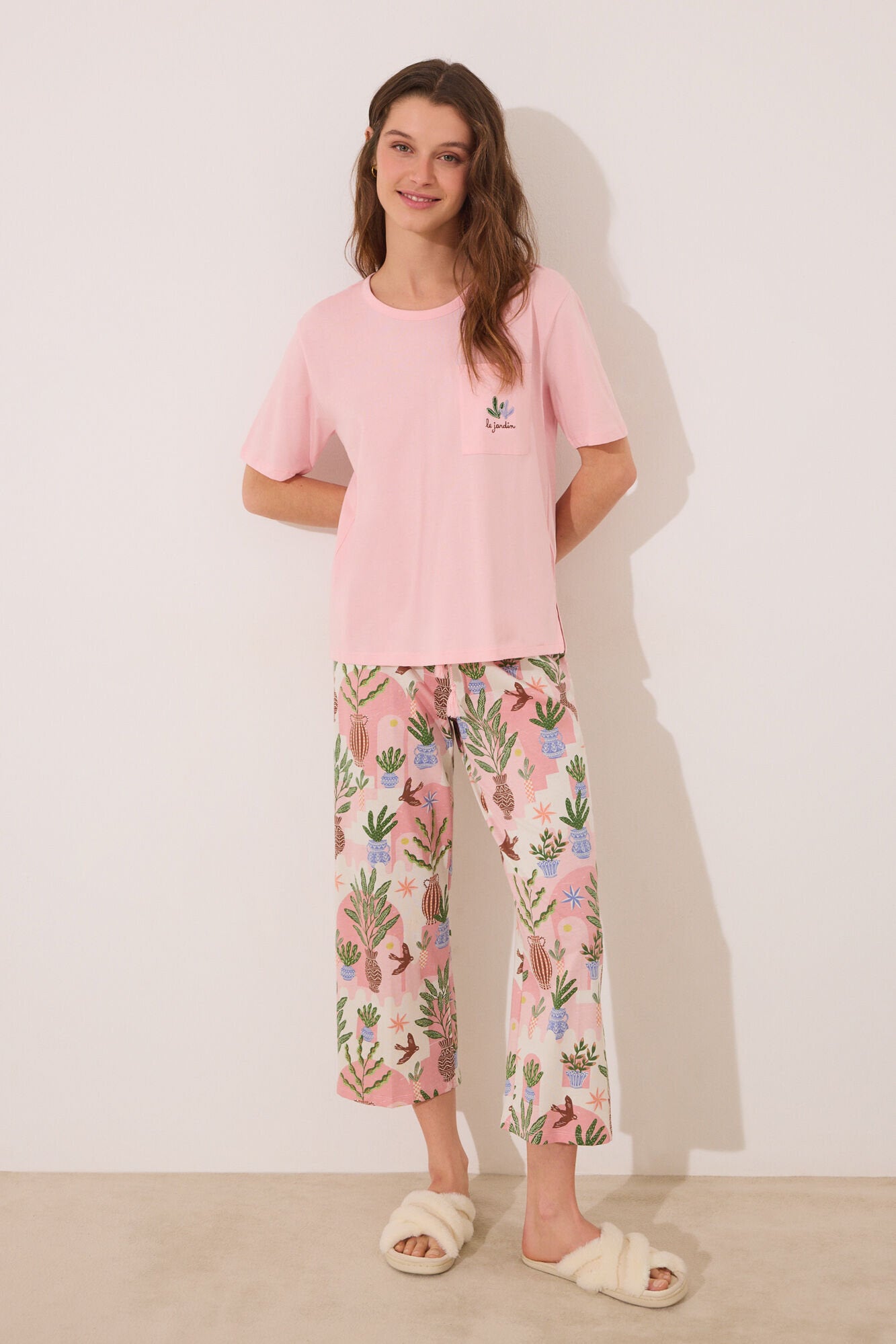 Women Secret_Capri Pyjamas 100% Cotton Pink Flower Pots_3599168_70_01