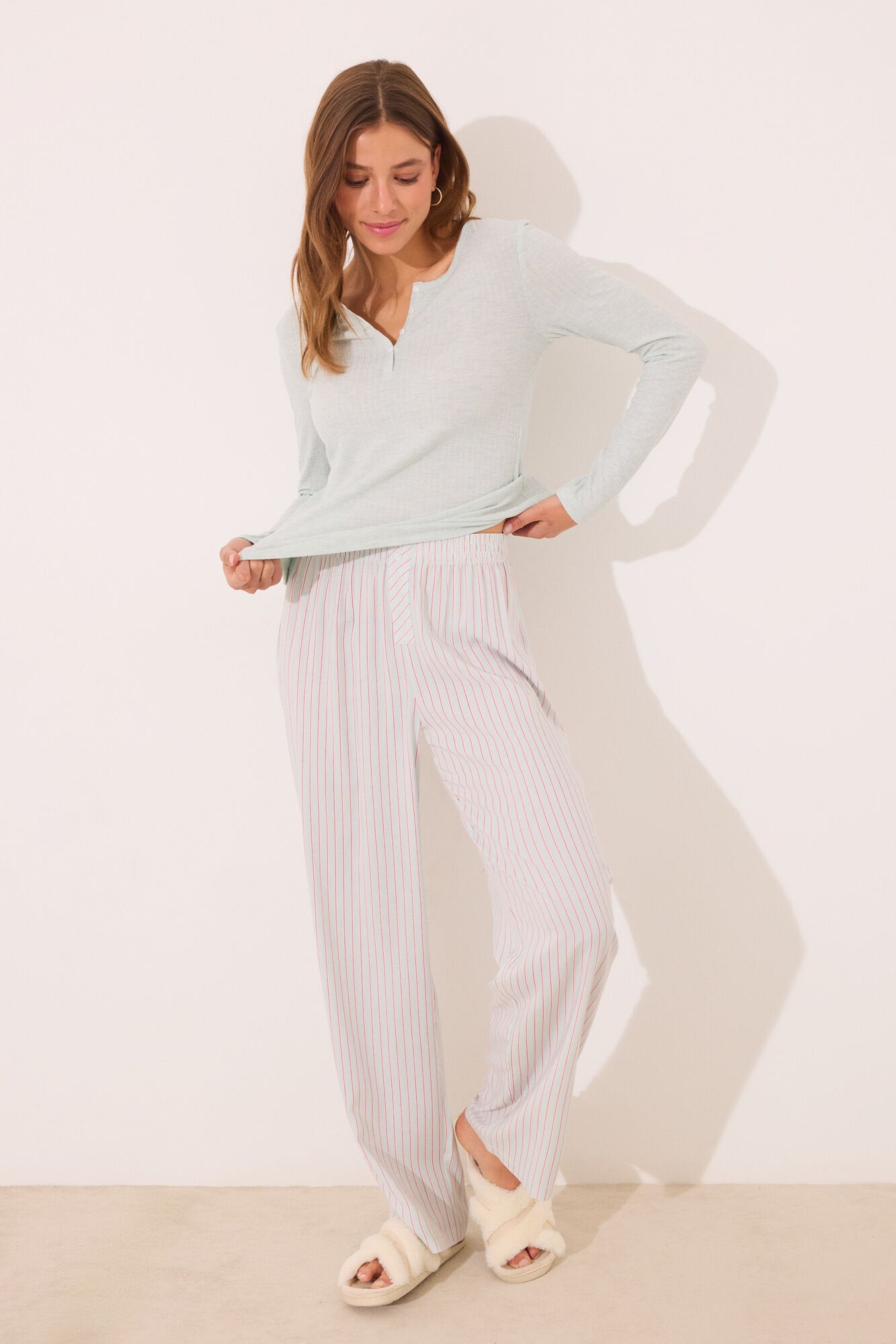 Women Secret_Long Pyjamas with Green Striped_3599183_23_01