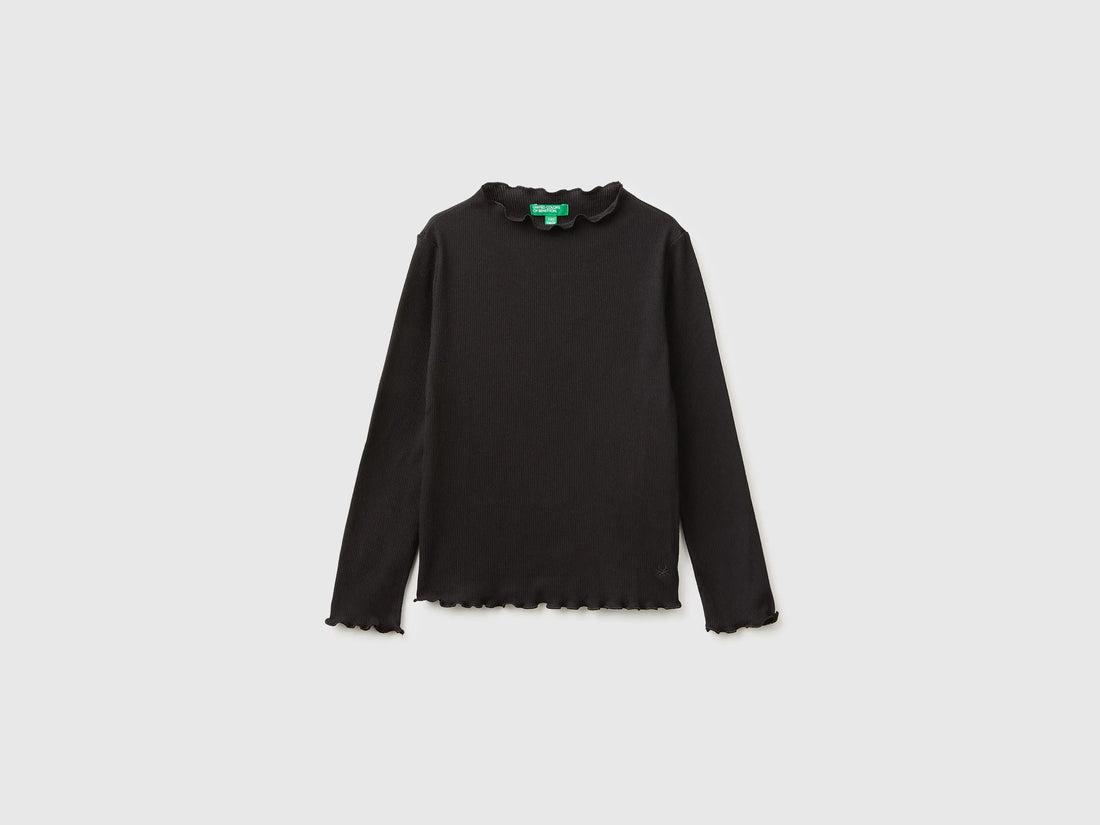 Benetton Black Girls Warm Cotton Blend Turtleneck T-Shirt SKU: 35F2C205X_100 Image 01