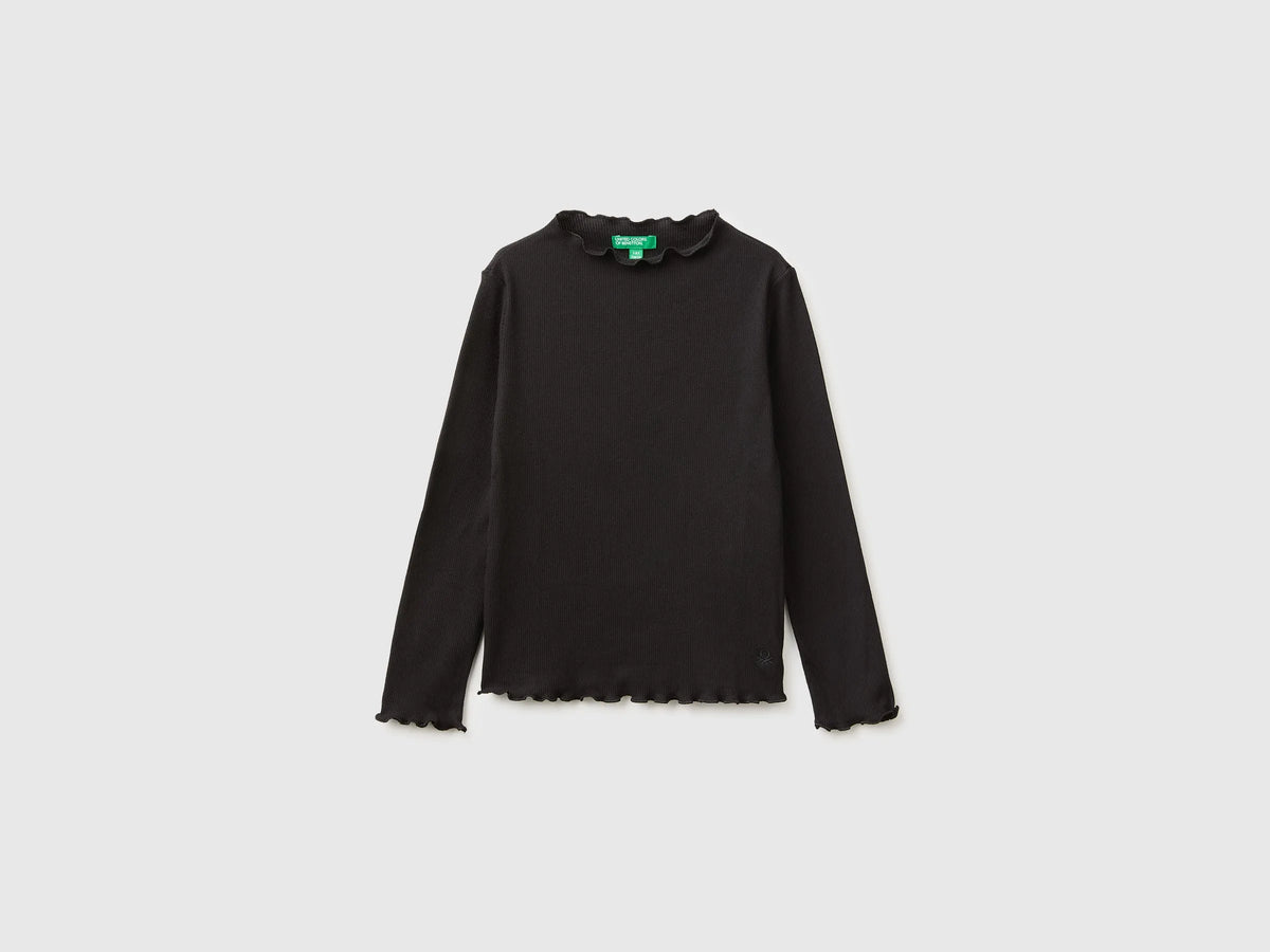 Benetton Black Girls Warm Cotton Blend Turtleneck T-Shirt SKU: 35F2C205X_100 Image 01