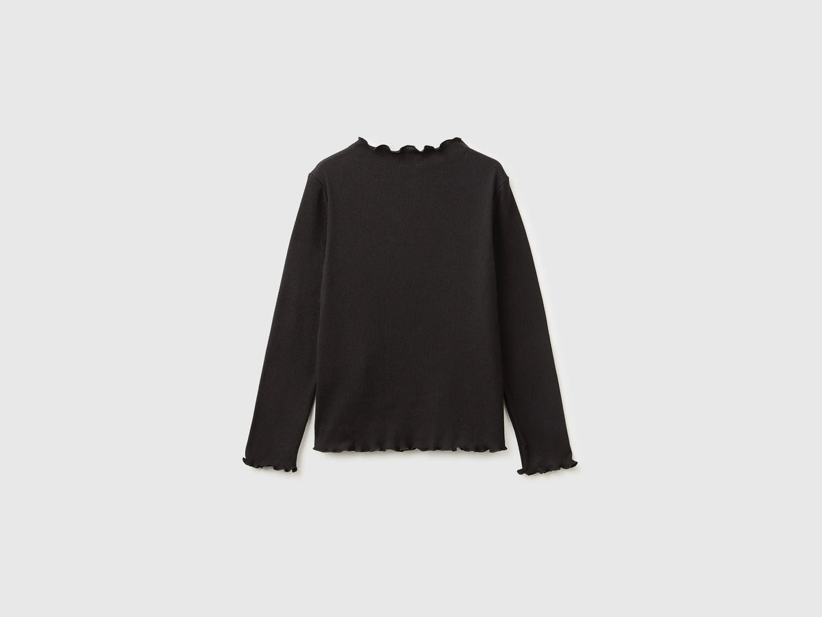 Benetton Black Girls Warm Cotton Blend Turtleneck T-Shirt SKU: 35F2C205X_100 Image 02