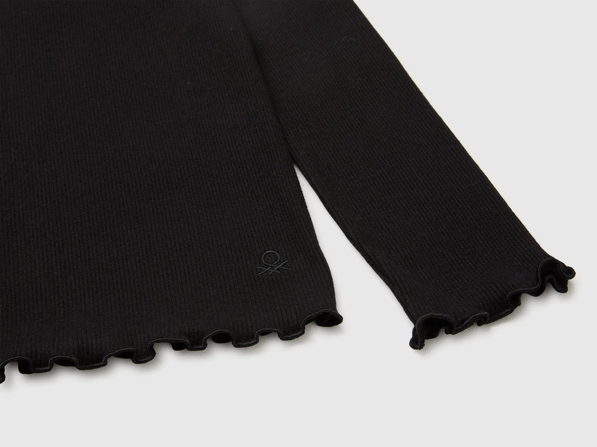 Benetton Black Girls Warm Cotton Blend Turtleneck T-Shirt SKU: 35F2C205X_100 Image 03