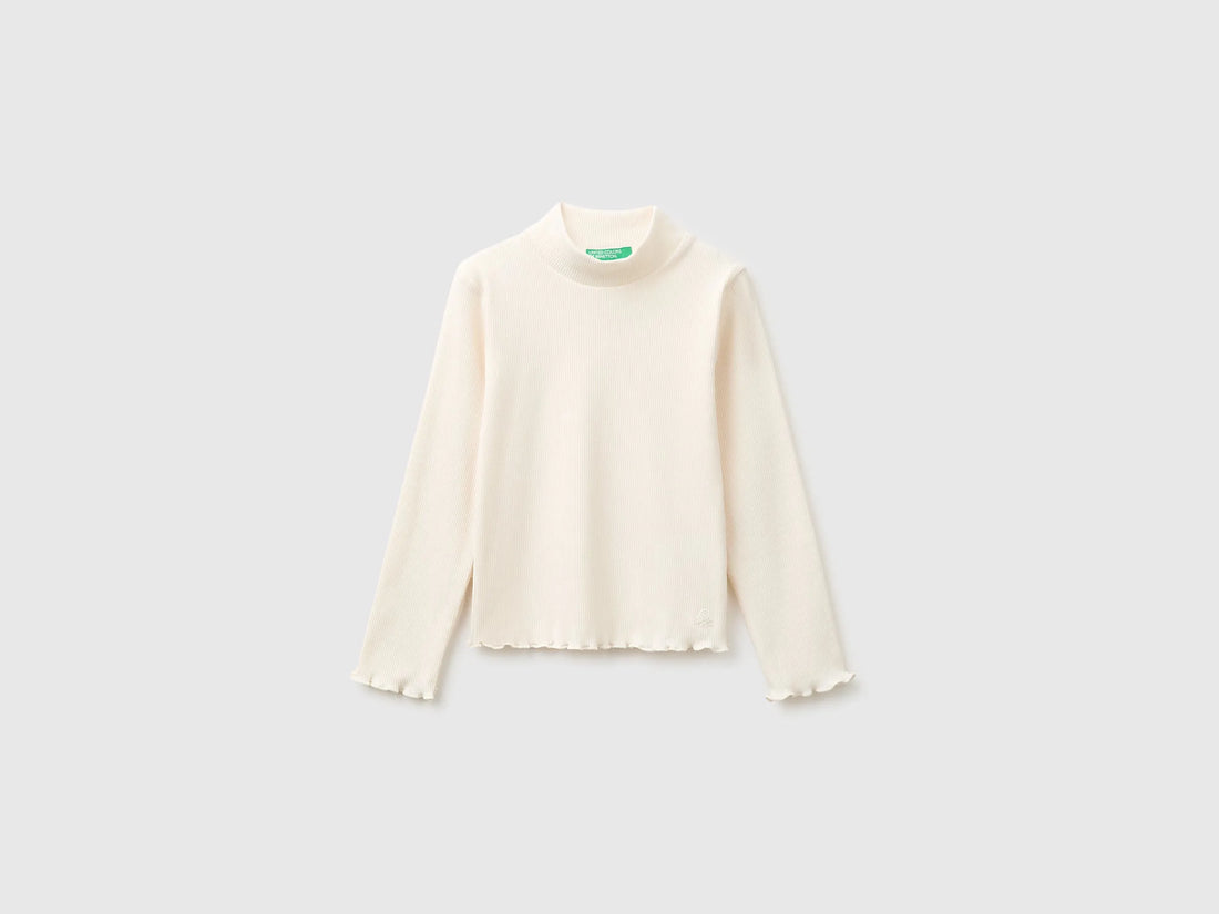 Benetton Creamy White Girls Warm Cotton Blend Turtleneck T-Shirt SKU: 35F2G10NQ_0R2 Image 01
