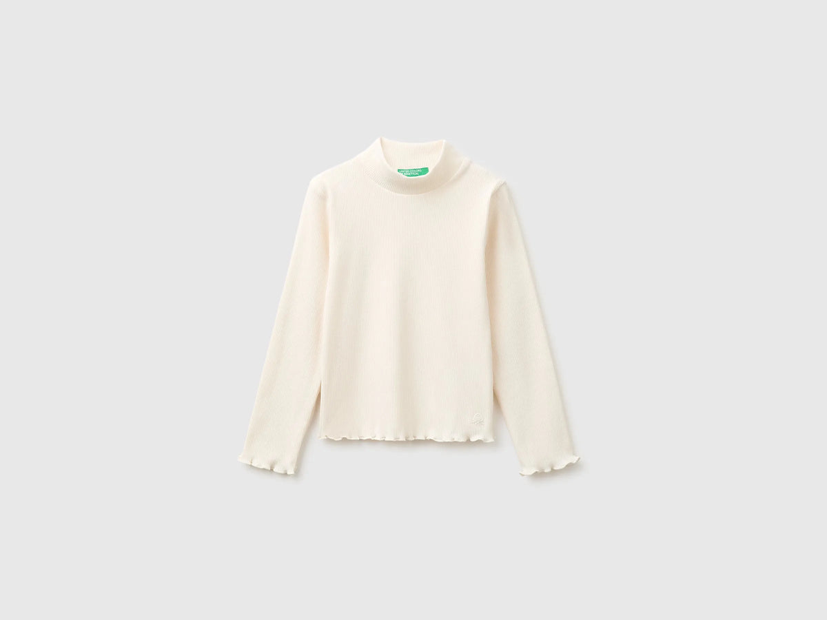 Benetton Creamy White Girls Warm Cotton Blend Turtleneck T-Shirt SKU: 35F2G10NQ_0R2 Image 01