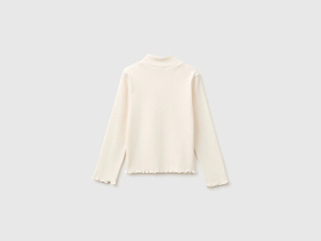 Benetton Creamy White Girls Warm Cotton Blend Turtleneck T-Shirt SKU: 35F2G10NQ_0R2 Image 02