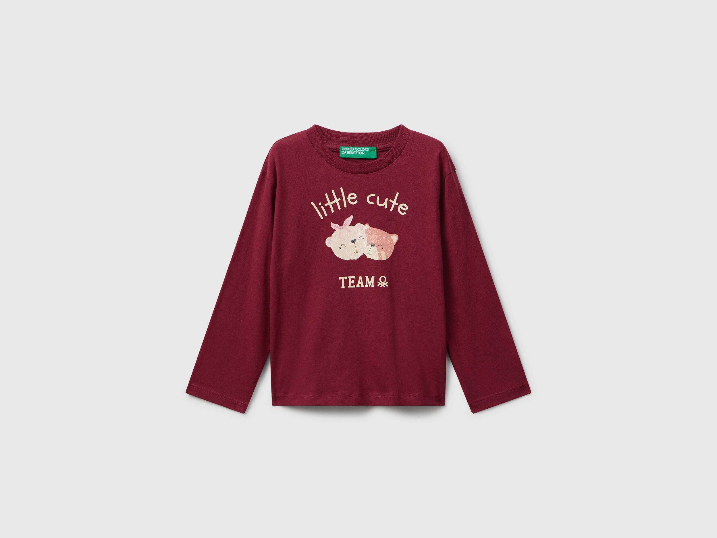 Benetton_Burgundy_Cotton T-Shirt with Glittery Print_35RYG10K7_236_01
