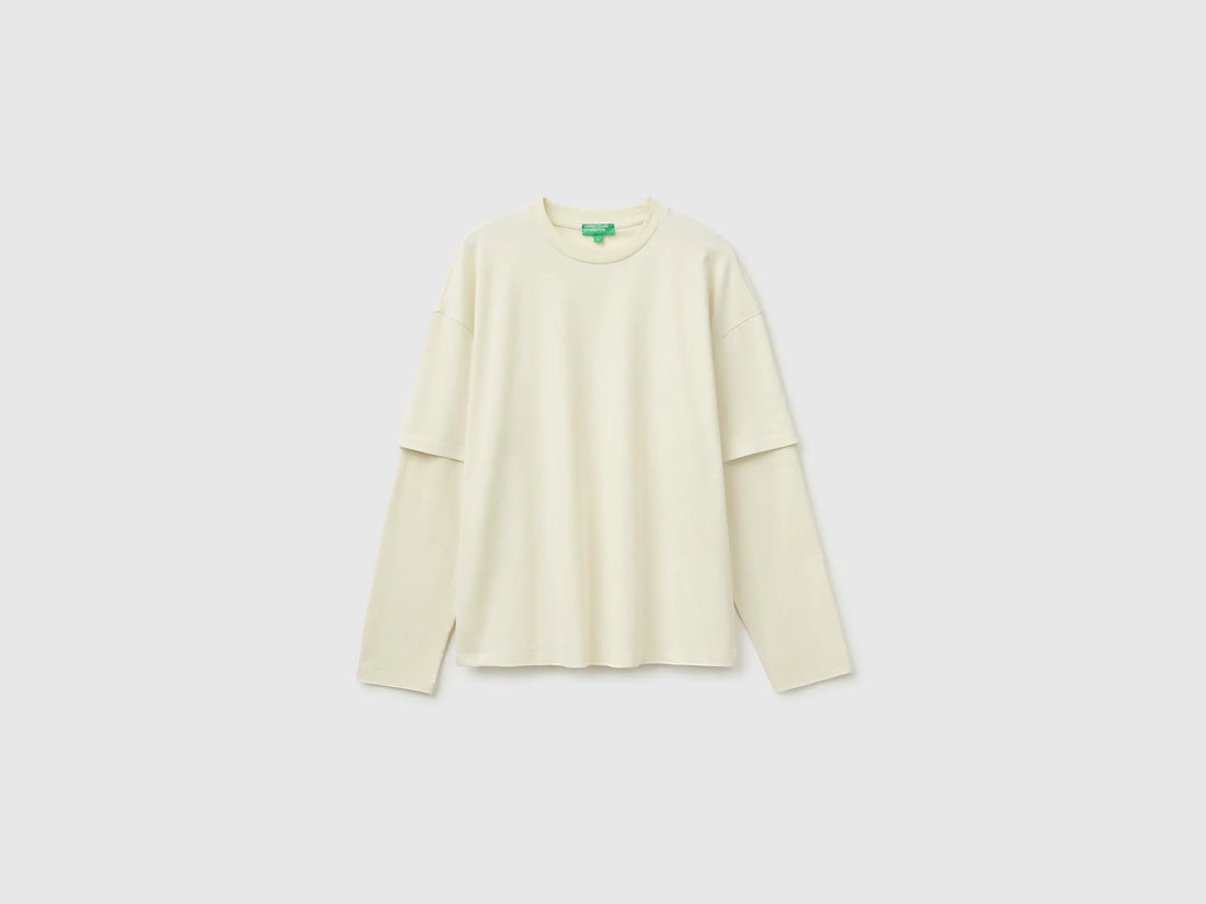 Benetton Beige Men Double-Sleeved T-Shirt in 100% Cotton SKU: 35URU10CV_158 Image 01