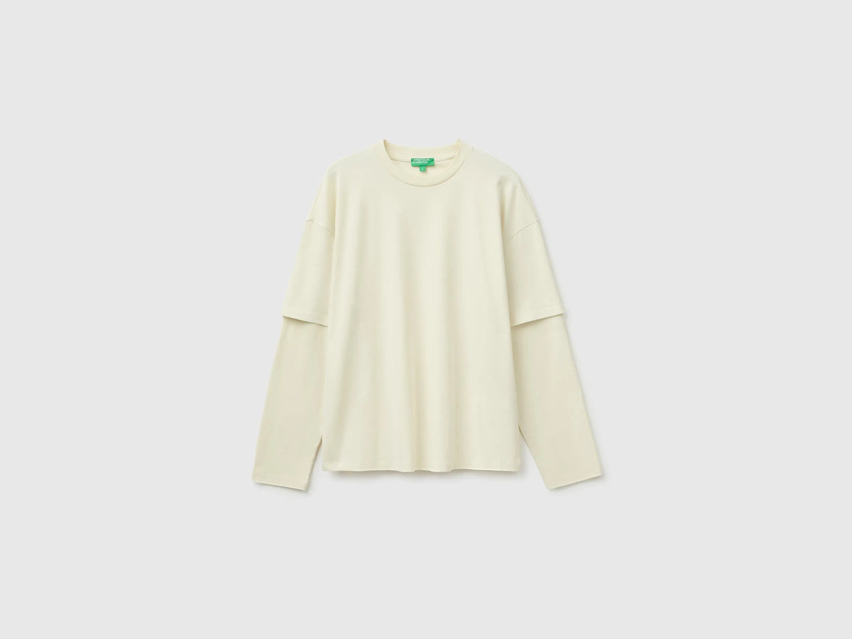 Benetton Beige Men Double-Sleeved T-Shirt in 100% Cotton SKU: 35URU10CV_158 Image 01