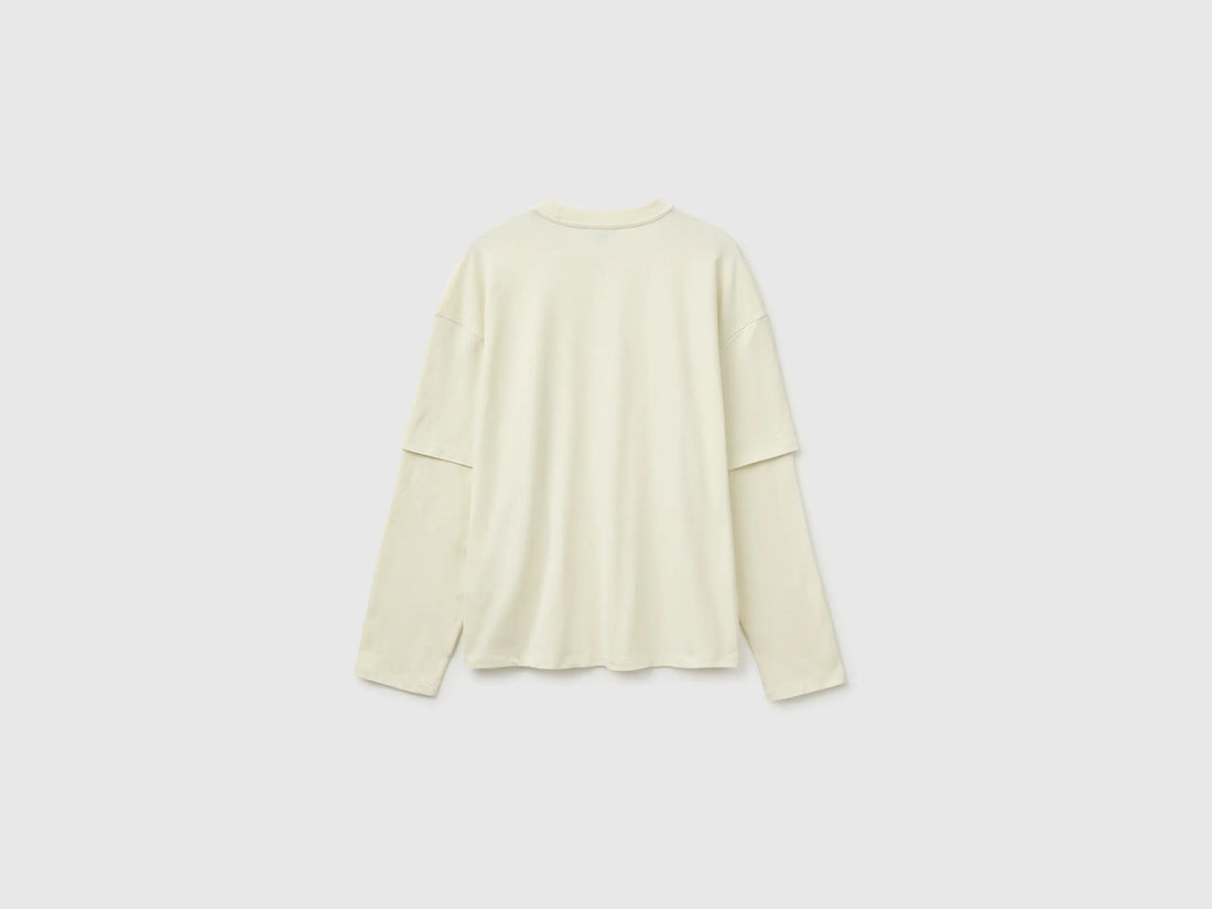 Benetton Beige Men Double-Sleeved T-Shirt in 100% Cotton SKU: 35URU10CV_158 Image 02