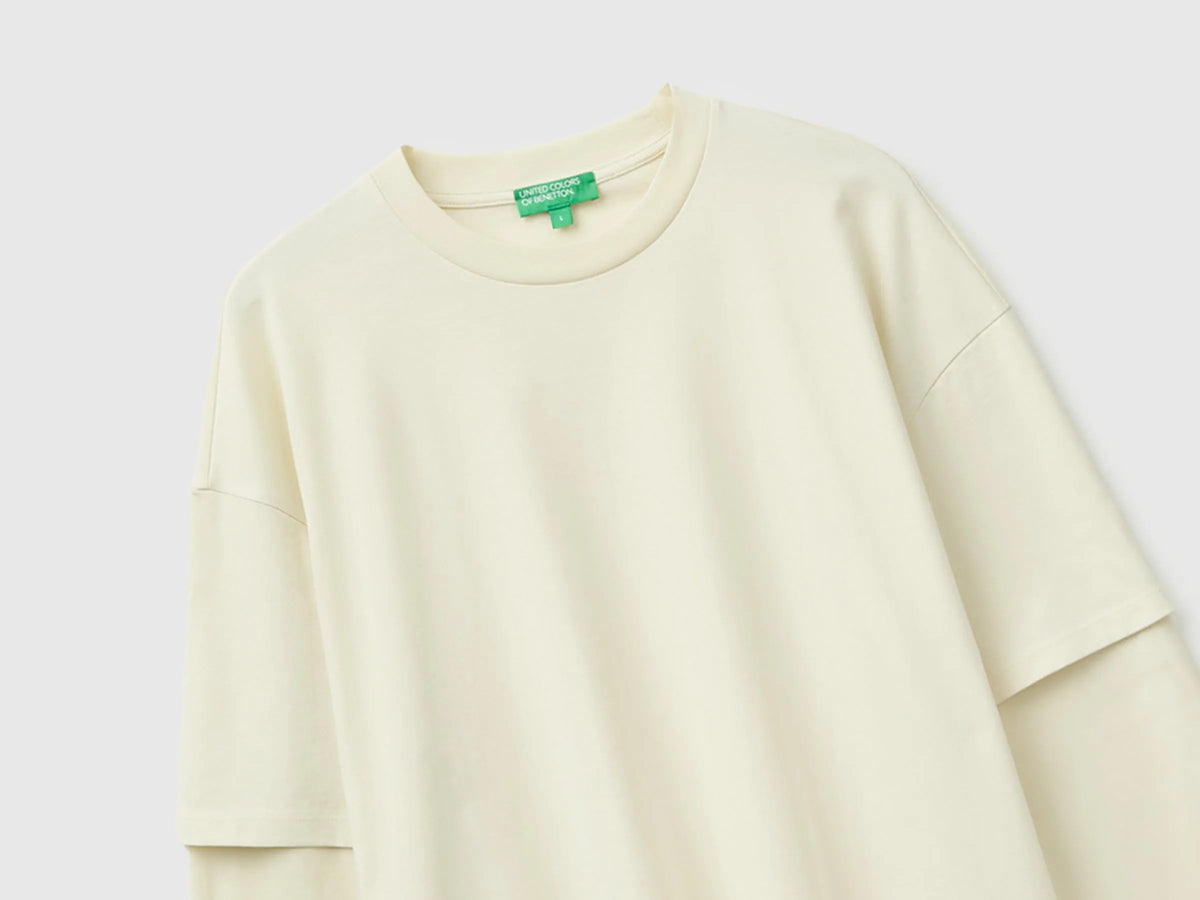 Benetton Beige Men Double-Sleeved T-Shirt in 100% Cotton SKU: 35URU10CV_158 Image 03