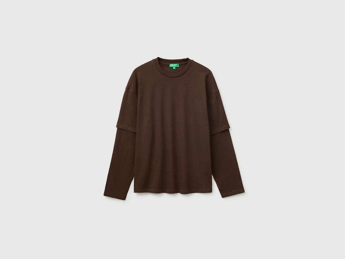 Benetton Brown Men Double-Sleeved T-Shirt in 100% Cotton SKU: 35URU10CV_2C0 Image 01
