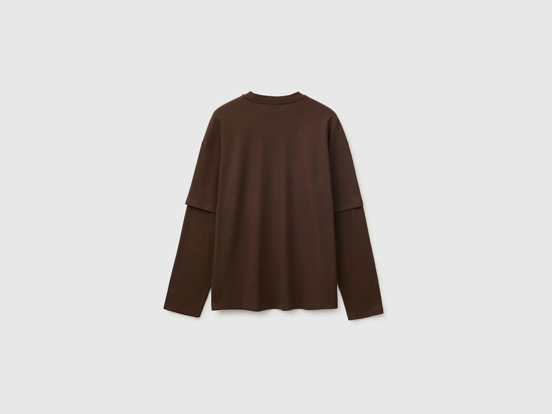 Benetton Brown Men Double-Sleeved T-Shirt in 100% Cotton SKU: 35URU10CV_2C0 Image 02