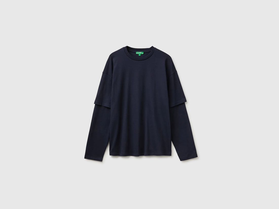 Benetton Dark Blue Men Double-Sleeved T-Shirt in 100% Cotton SKU: 35URU10CV_3C1 Image 01