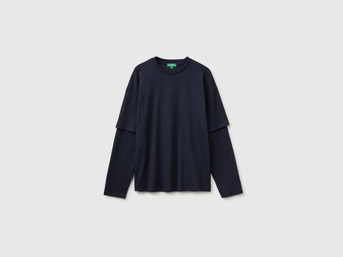 Benetton Dark Blue Men Double-Sleeved T-Shirt in 100% Cotton SKU: 35URU10CV_3C1 Image 01