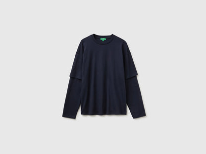 Benetton Dark Blue Men Double-Sleeved T-Shirt in 100% Cotton SKU: 35URU10CV_3C1 Image 01