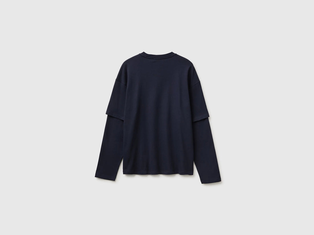 Benetton Dark Blue Men Double-Sleeved T-Shirt in 100% Cotton SKU: 35URU10CV_3C1 Image 02