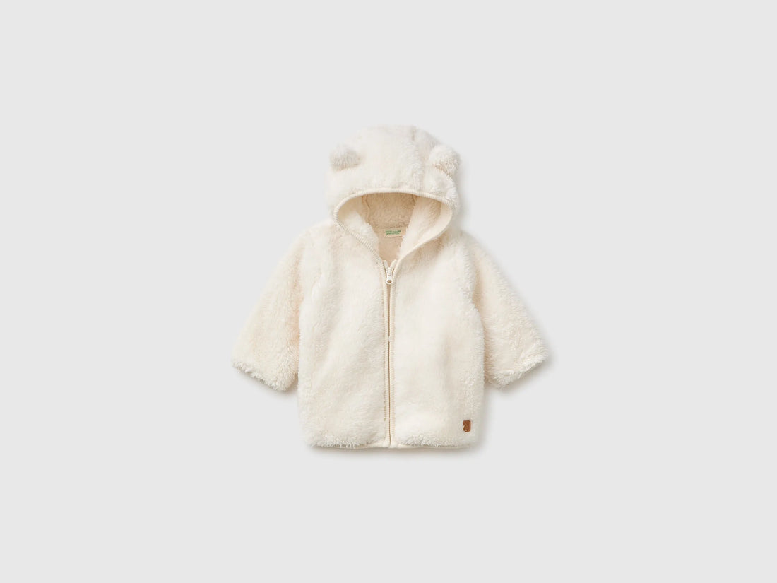 Benetton Creamy White New Born Teddy Bear-Effect Sweatshirt SKU: 36BTA501T_0R2 Image 01