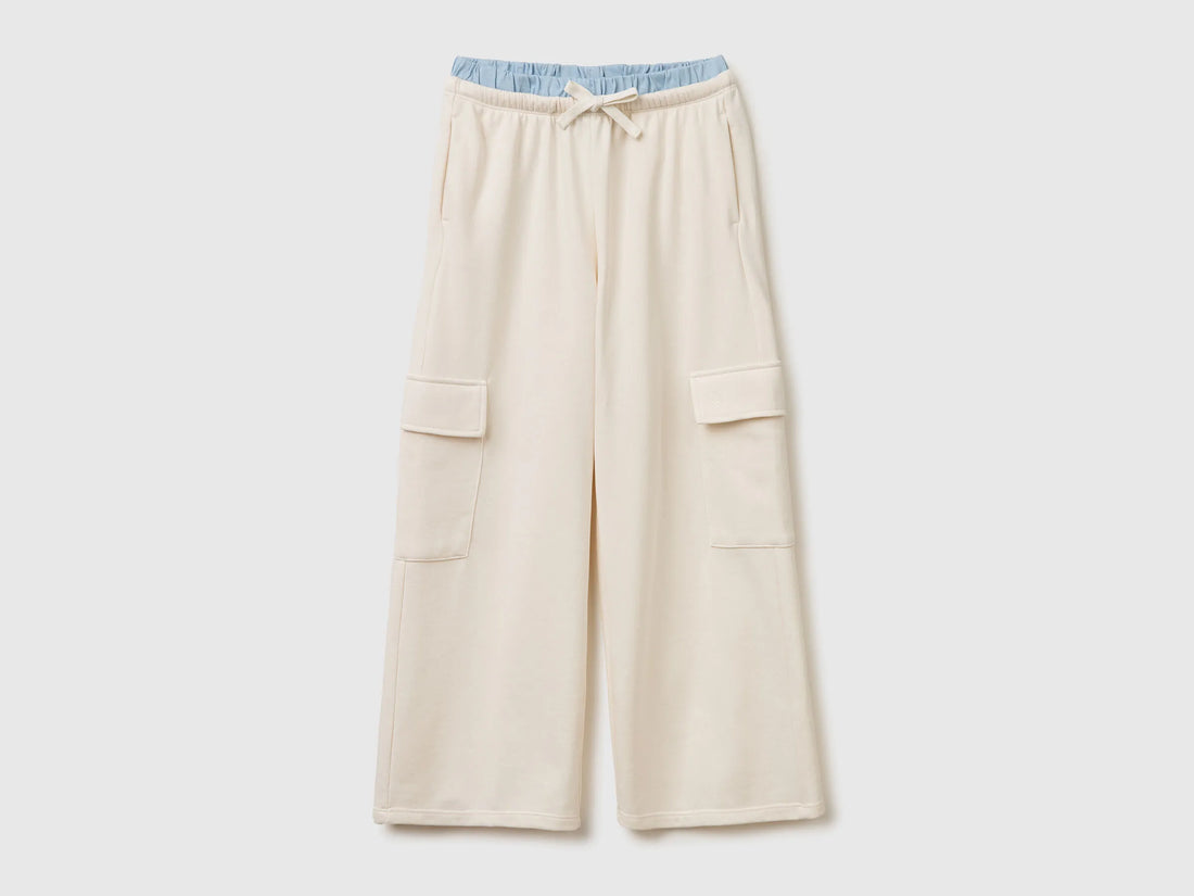 Benetton Creamy White Girls Cargo Pants with Elastic SKU: 36EKCF06X_00E Image 01
