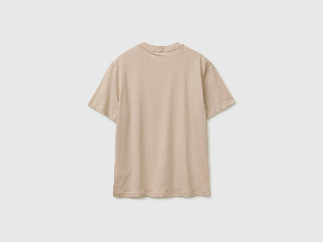 Benetton Beige Men Crew Neck T-Shirt in Linen Blend SKU: 36IBU10CE_152 Image 02
