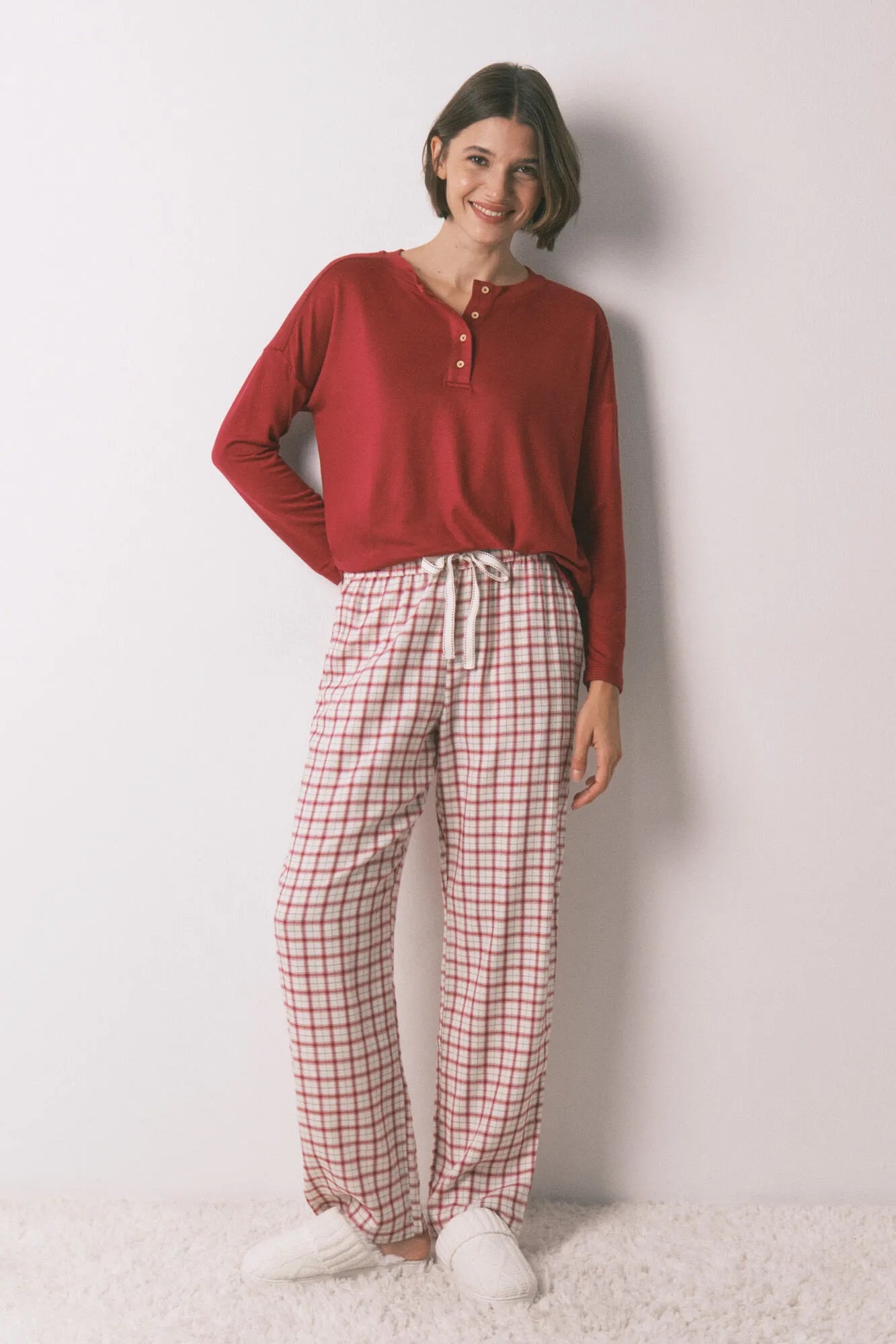 Women Secret_Green Print_Long White Plaid Print Trouser_3702288_29_01
