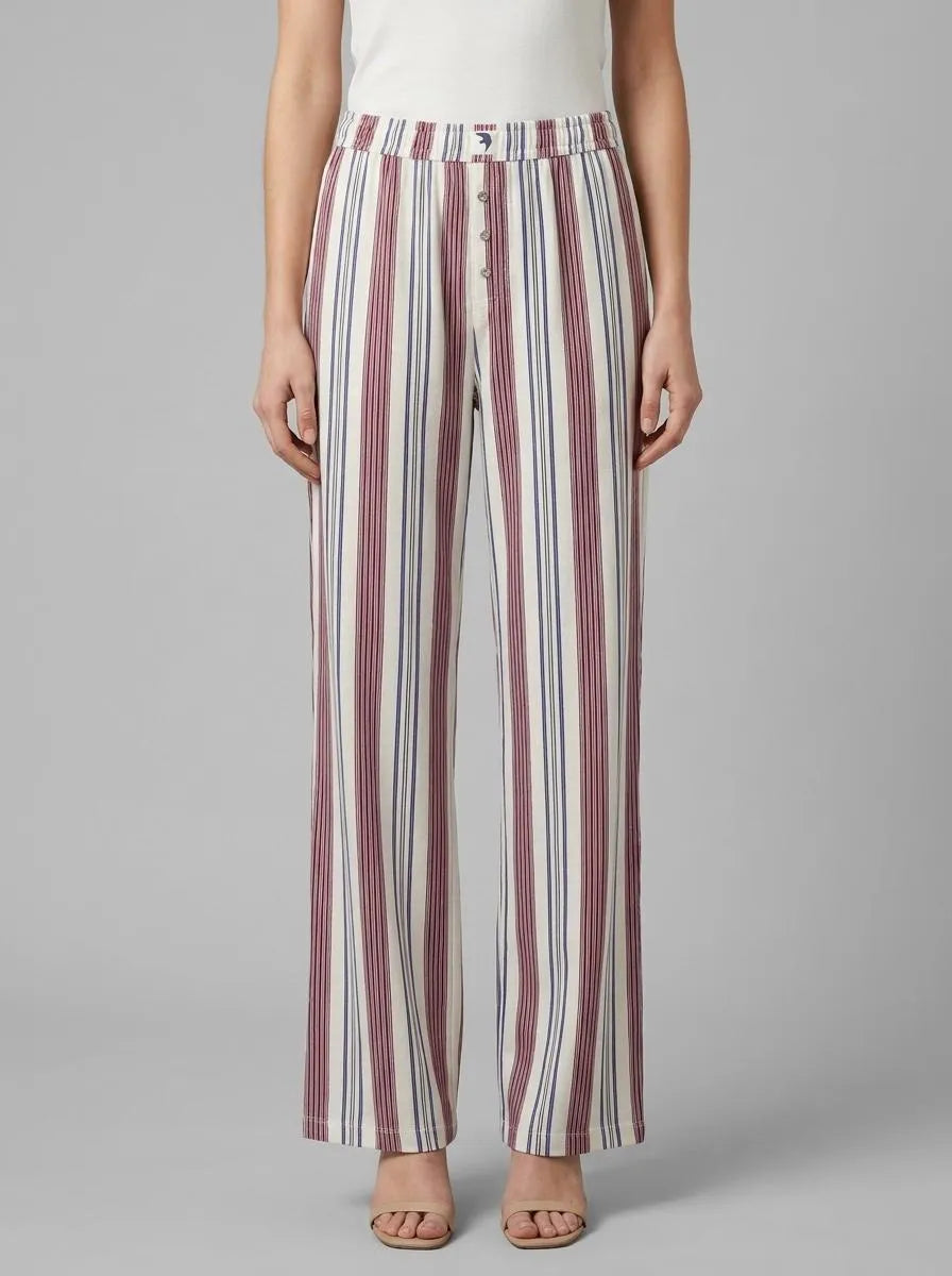 Women Secret_Maroon Print_Burgundy 100% Cotton Striped Long Trousers_3703220_58_00