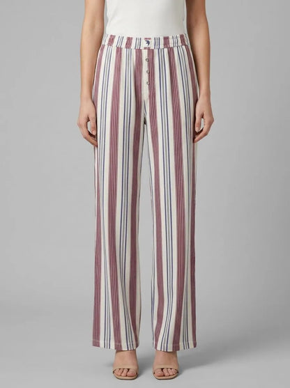 Women Secret_Maroon Print_Burgundy 100% Cotton Striped Long Trousers_3703220_58_00