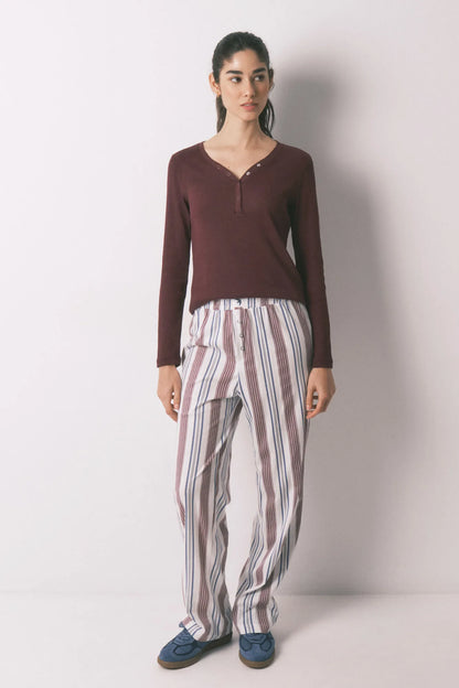 Women Secret_Maroon Print_Burgundy 100% Cotton Striped Long Trousers_3703220_58_01