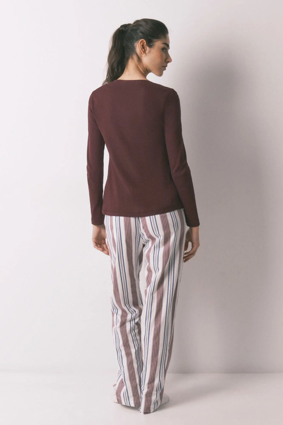 Women Secret_Maroon Print_Burgundy 100% Cotton Striped Long Trousers_3703220_58_02