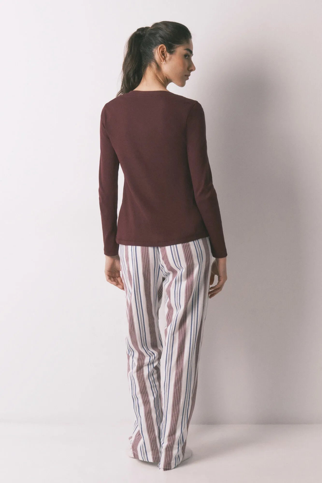 Women Secret_Maroon Print_Burgundy 100% Cotton Striped Long Trousers_3703220_58_02
