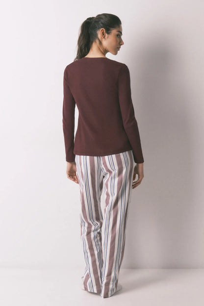 Women Secret_Maroon Print_Burgundy 100% Cotton Striped Long Trousers_3703220_58_02