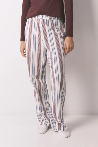 Women Secret_Maroon Print_Burgundy 100% Cotton Striped Long Trousers_3703220_58_03