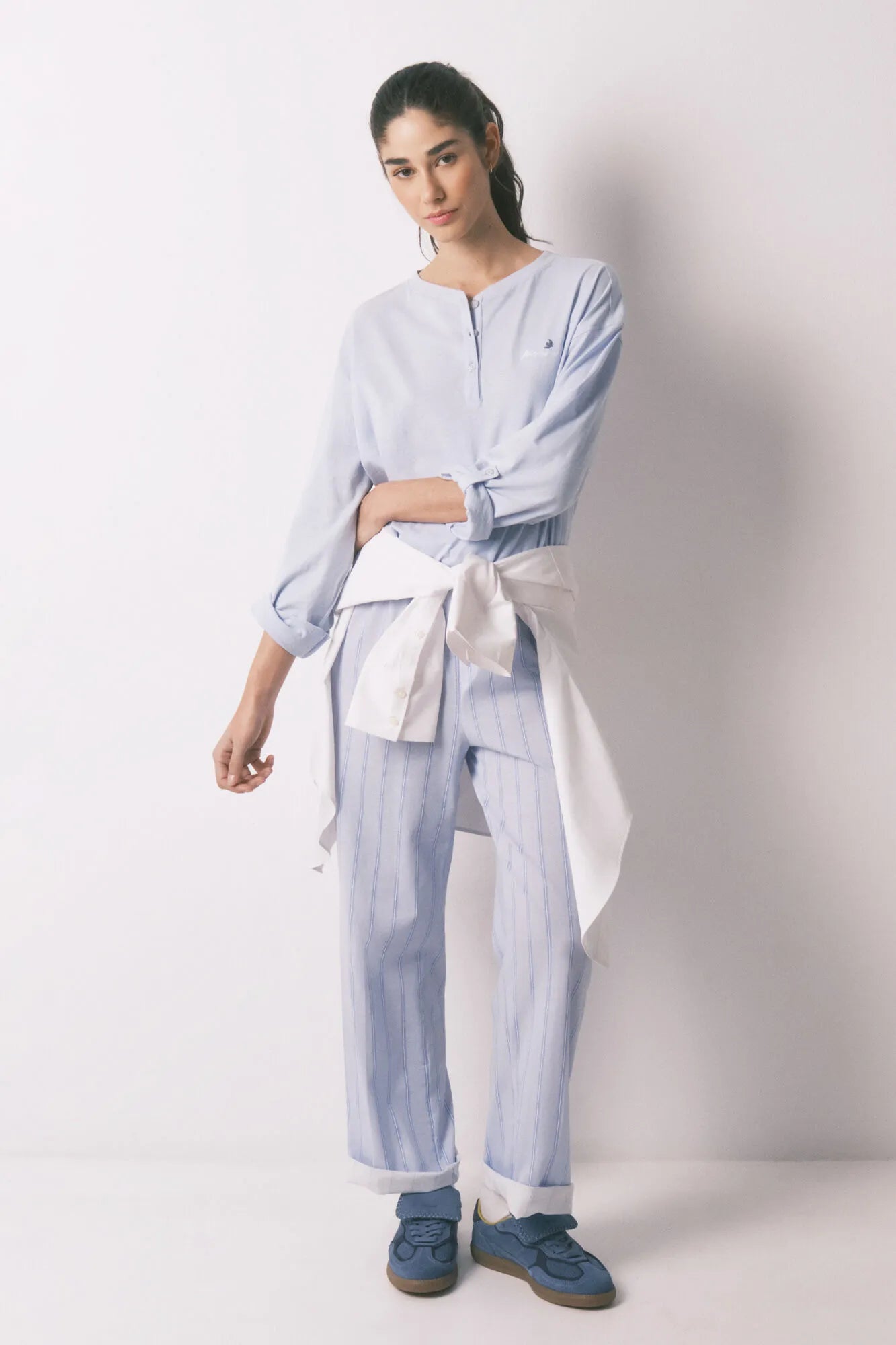 Women Secret_Blue Print_Blue Striped 100% Cotton Long Trousers_3703221_19_01