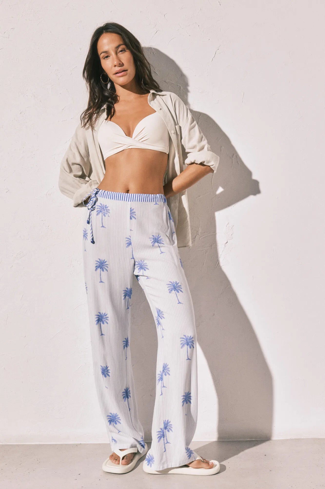 Women Secret Blue Print Women Palm Print Striped Long Trousers SKU: 3703235_19 Image 01