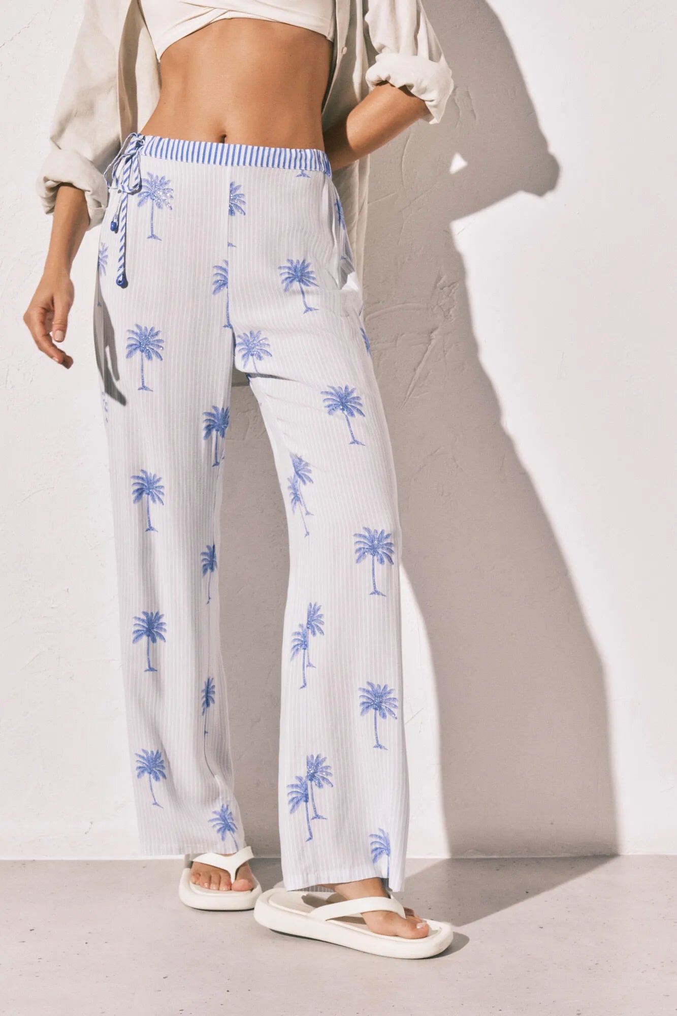 Women Secret Blue Print Women Palm Print Striped Long Trousers SKU: 3703235_19 Image 03