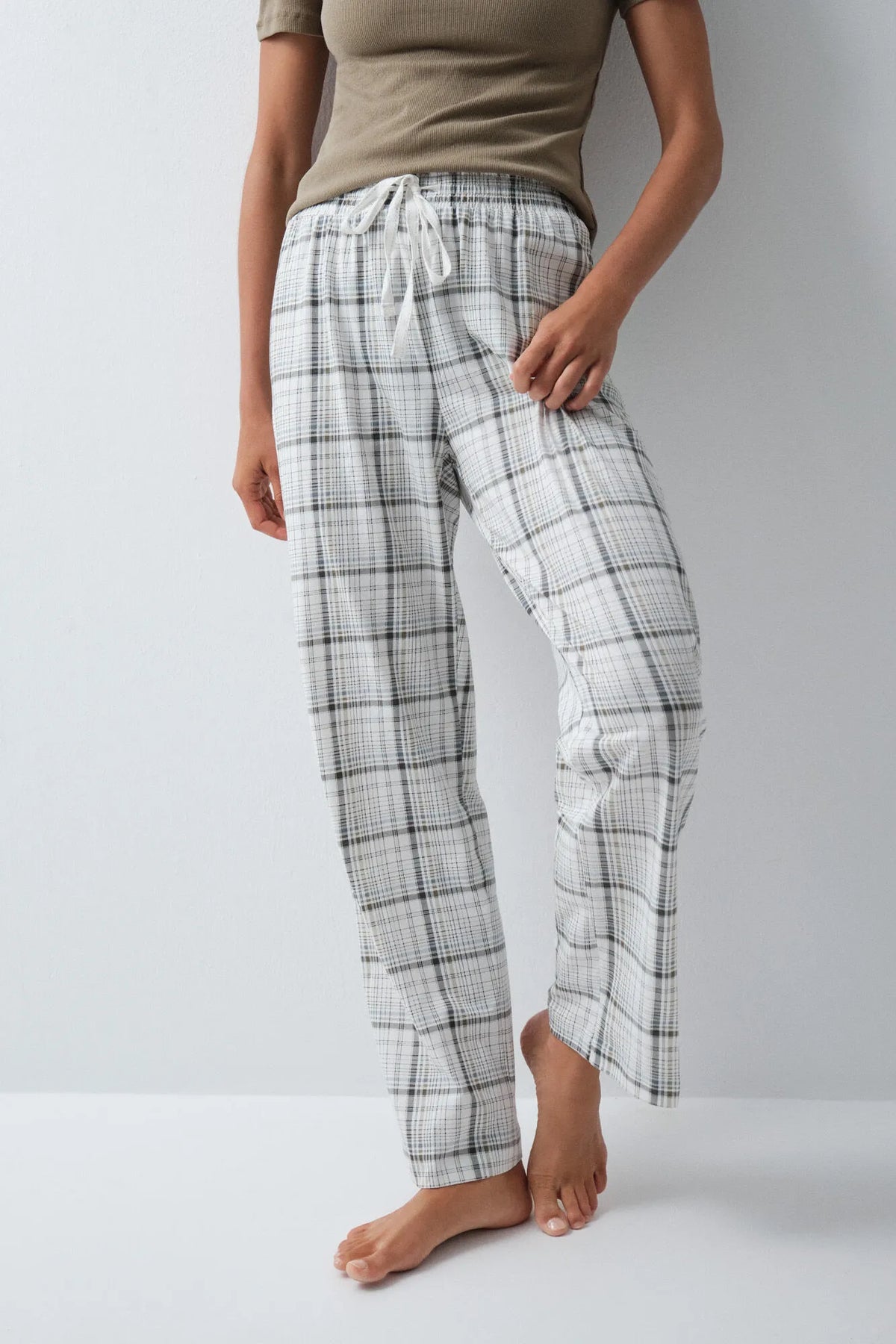 Women Secret White Print Women Plaid Cotton Long Trousers SKU: 3704536_97 Image 01