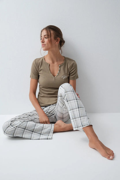 Women Secret White Print Women Plaid Cotton Long Trousers SKU: 3704536_97 Image 05