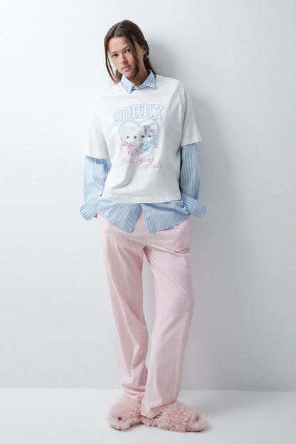 Women Secret Pink Women Pink Striped Long Trousers SKU: 3704541_73 Image 02