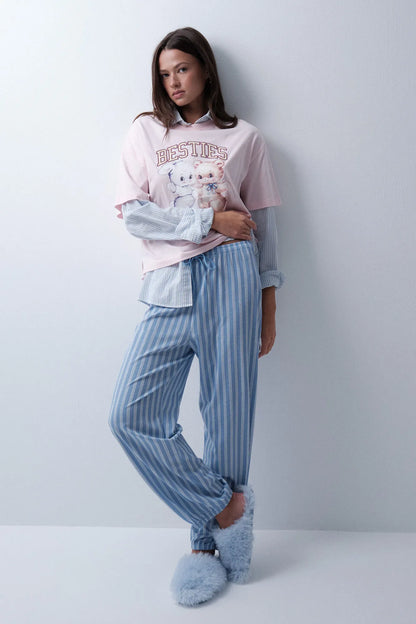 Women Secret Blue Print Women Blue Striped Balloon Trousers SKU: 3704542_19 Image 01