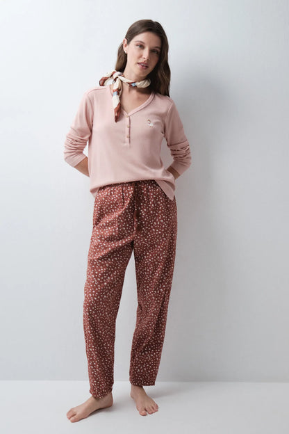 Women Secret Medium Brown Women Brown Mini Floral Long Trousers SKU: 3704543_31 Image 01