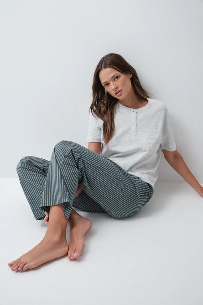 Women Secret Green Print Women Green Striped Long Trousers SKU: 3704545_29 Image 01