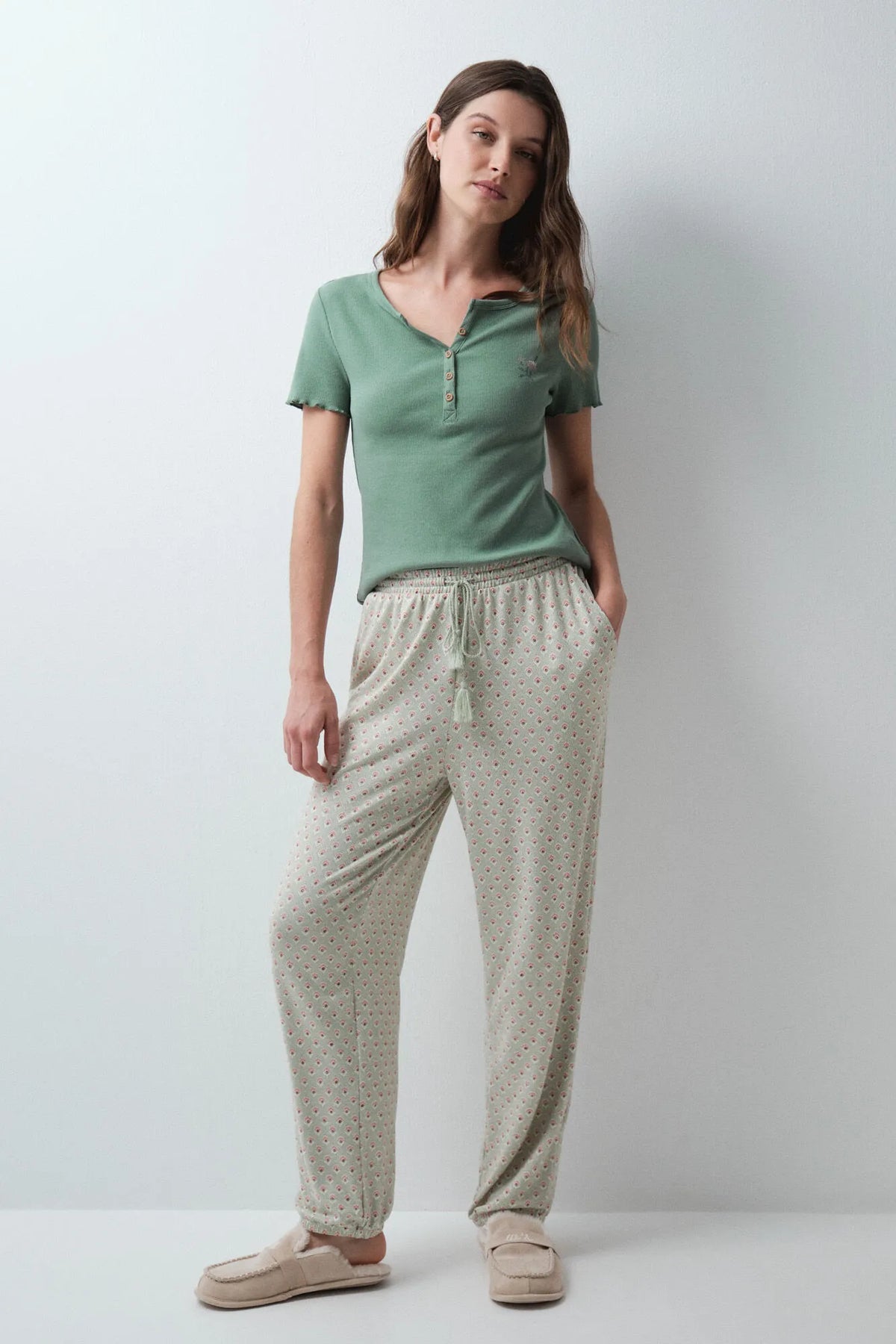 Women Secret Green Women Aqua Green Print Long Trousers SKU: 3704549_23 Image 03