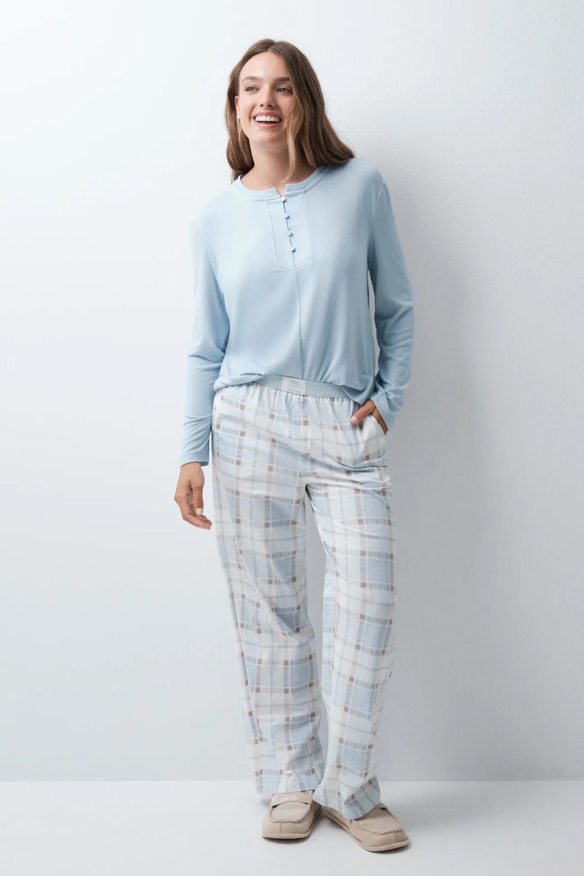 Women Secret Blue Print Women Plaid Cotton Long Trousers SKU: 3704575_19 Image 02