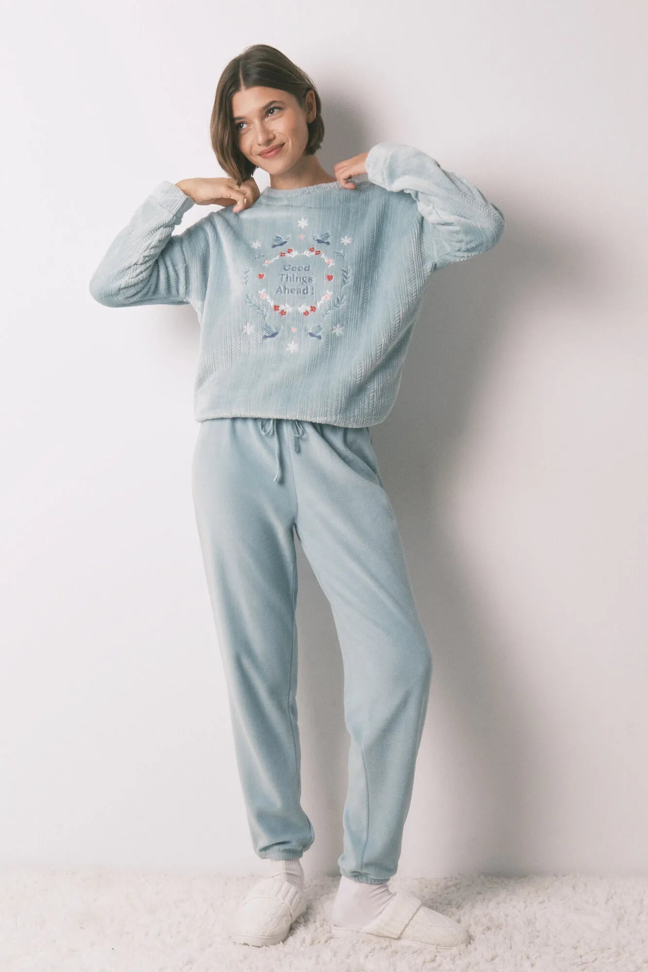 Women Secret_Green_Blue Textured Fleece Long Pyjamas_3792063_23_01