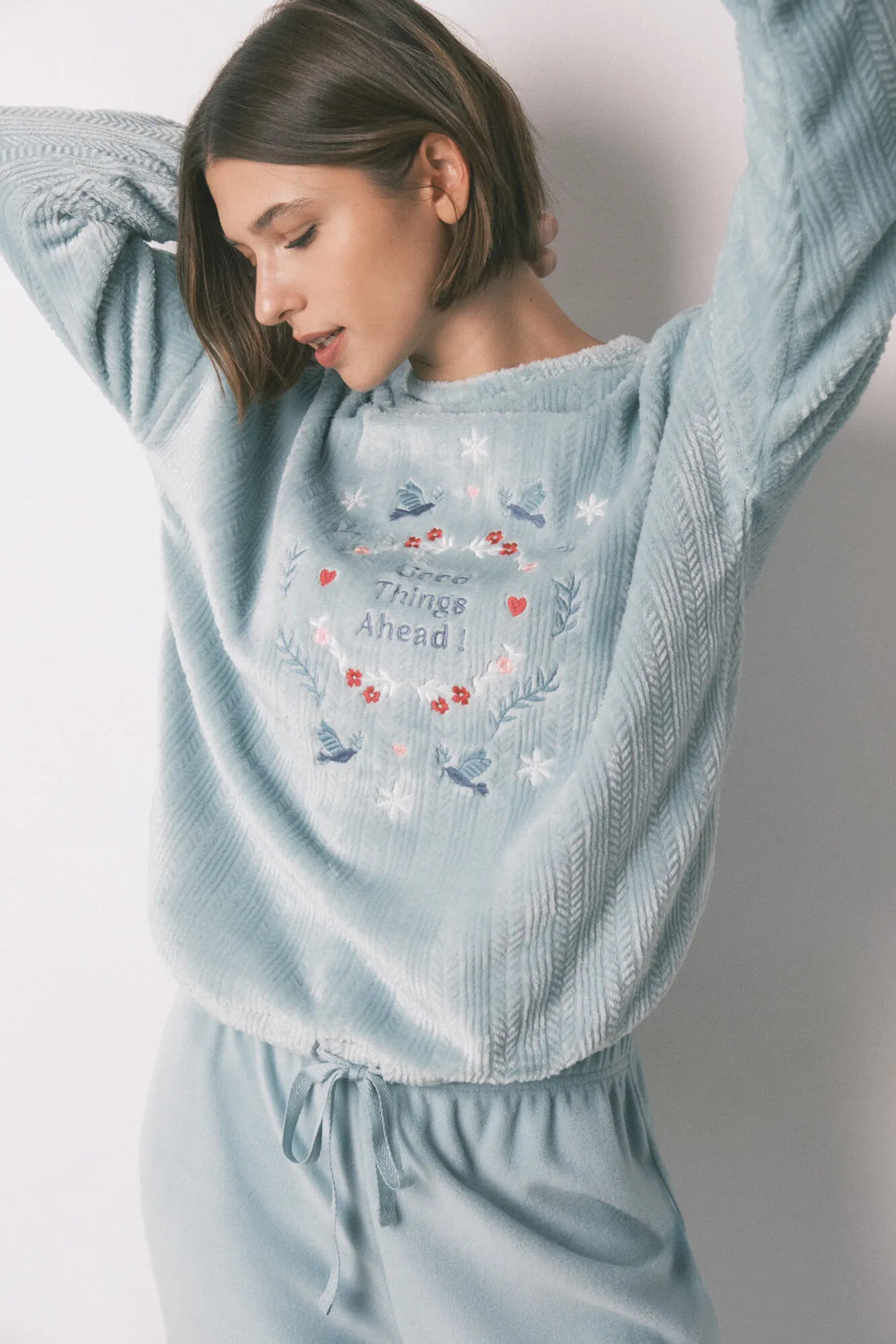 Women Secret_Green_Blue Textured Fleece Long Pyjamas_3792063_23_02