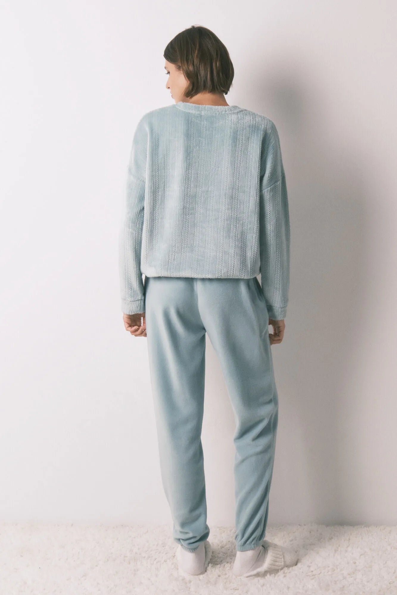 Women Secret_Green_Blue Textured Fleece Long Pyjamas_3792063_23_05